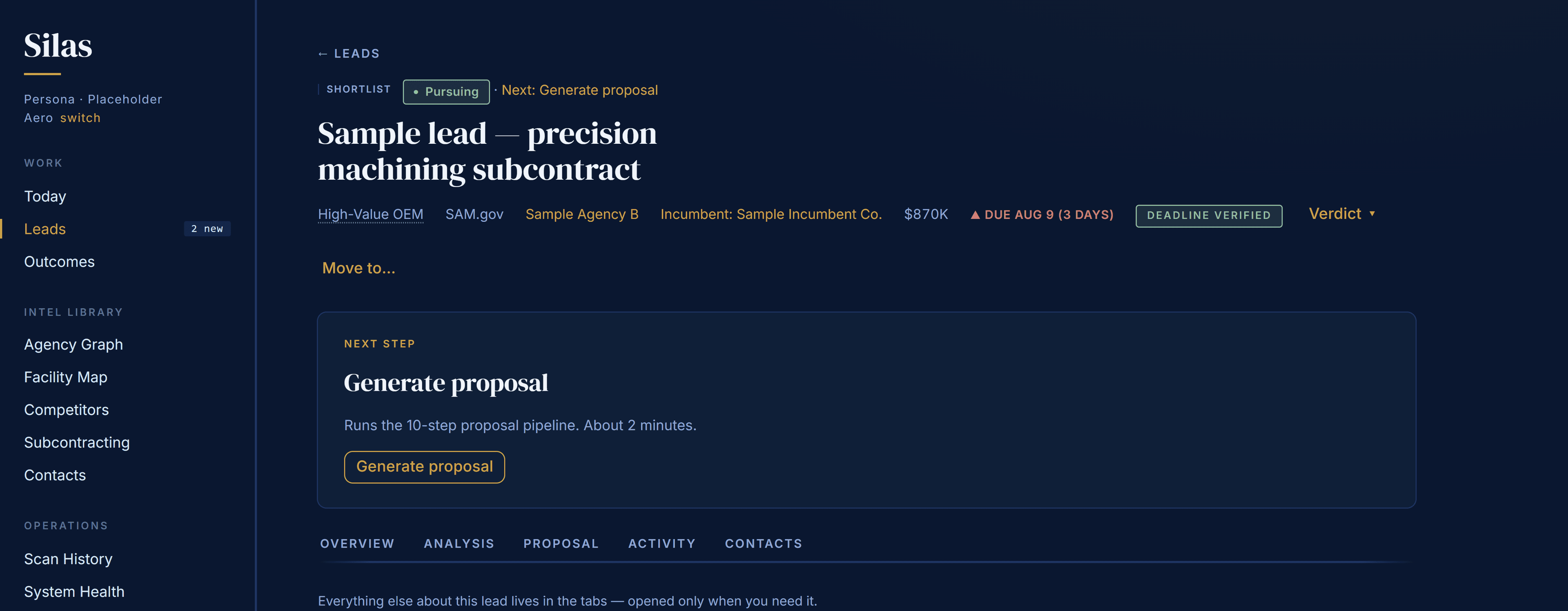 A lead open in Silas: the solicitation title, a row of chips carrying source, agency, incumbent, value and deadline, a single next step, and tabs for overview, analysis, proposal, activity and contacts.